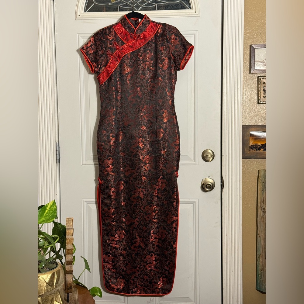 Chinoiserie traditional Cheongsam Qipao Dress Gown Small Red Black Costume
